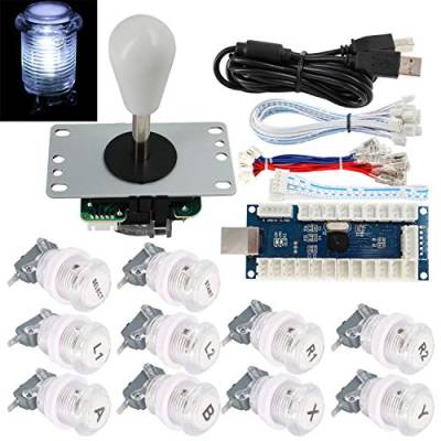 SJ@JX Arcade Game Stick DIY Kit Buttons with Logo LED 8 Way Joystick USB Encoder Cable Controller for PC MAME Raspberry Pi White von SJ@JX