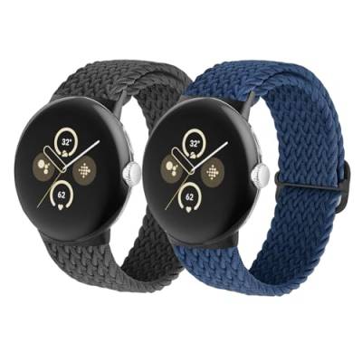 2 Stück Geflochtenes Nylon Armband für Google Pixel Watch 2/1，Verstellbare Elastisch Uhrenarmbänder Soprt Atmungsaktives Ersatzband für Google Pixel Watch 1/Pixel Watch 2 Armbänder,Schwarz/Aquamarin von SOLOLUP