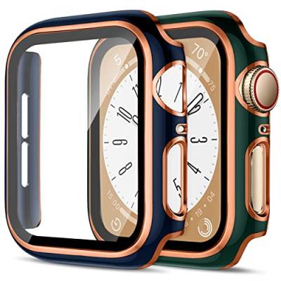 2 Stück Harte PC Hülle für Apple Watch Serie 9/Serie 8/Serie 7 41mm Gehäuse mit Gehärtetem Glas,Anti-Kratz Stürze Vollschutz Schutzhülle Bumper für Apple Watch 41mm Cover，Grün&Rosegold/Blau&Rosegold von SOLOLUP