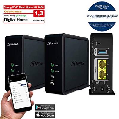 STRONG Wi-Fi Mesh Home Kit 1600, WLAN Verstärker, Heimnetzwerk Repeater bis 200 m² Abdeckung, bis 1600 Mbit/s, 2.4+5 GHz, 2x Gigabit LAN, USB 3.0) schwarz von STRONG