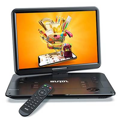 SUNPIN 17.9" Tragbarer DVD Player mit 15,6 Zoll HD Schwenkbaren Bildschirm, Stereo-Lautsprecher&Dual-Kopfhörer-Buchse, 6 Stunden aufladbare Batterie, Unterstützung Sync TV/USB/SD-Karte, Schwarz von SUNPIN