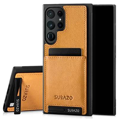 SURAZO Premium Echtleder Back case für Samsung Galaxy S23 Ultra Hülle – Stoßfestes Leder Handyhülle Cover mit [Kartenfach, Standfunktion, Schlüsselanhänger] Vintage Slim Bumper Schutzhülle (Camel) von SURAZO