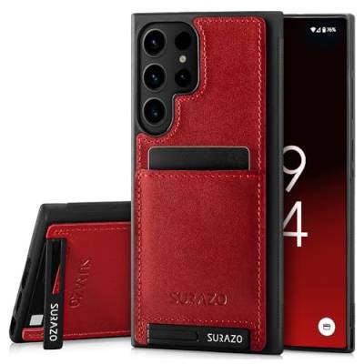 SURAZO Premium Echtleder Back case für Samsung Galaxy S24 Ultra Hülle – Stoßfestes Leder Handyhülle Cover [Kartenfach, Standfunktion, Schlüsselanhänger] Vintage Slim Bumper Schutzhülle (Costa Rot) von SURAZO