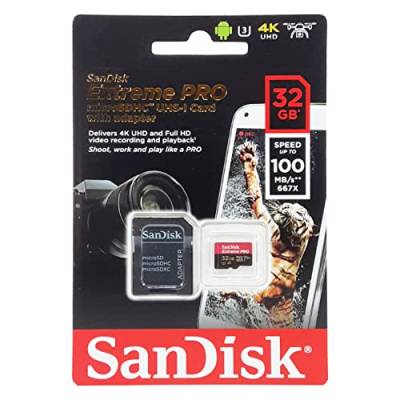 SanDisk Extreme PRO microSDHC UHS-I Speicherkarte 32 GB + Adapter & RescuePRO Deluxe (Für Smartphones, Actionkameras oder Drohnen, A1, Class 10, V30, U3, 100 MB/s Übertragung) von SanDisk