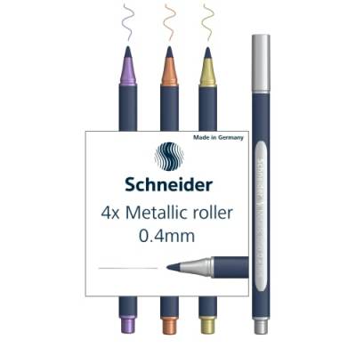 Schneider ML05011501 Metallic Rollerball Stifte 4er Set (Strichstärke 0,4 mm, hochmetallische Tinte, Gehäuse aus 88% biobasiertem Kunststoff) gold, silber, kupfer, violett von Schneider