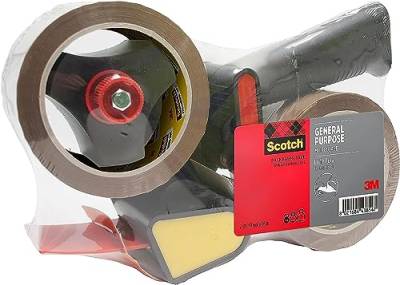 Abroller mit Pistolengriff + Scotch Allzweck-Klebeband, Geräuscharm, Braun, 50 mm x 66 m, 1 Abroller + 2 Rollen/Packung von Scotch