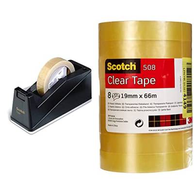 Scotch Klebebandabroller C10 – Tischabroller mit austauschbarem Rollkern in Schwarz & Transparentes Klebeband 508-8 Rollen - 19mm x 66m - Durchsichtiges Allzweckband für Schule, Heim und Büro von Scotch