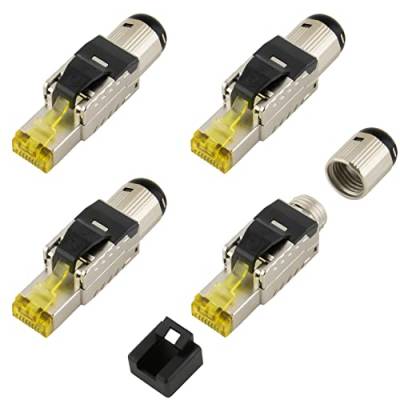 SeKi 4x Werkzeugfreier RJ45 Netzwerkstecker CAT 8.1 im Metallgehäuse passend für Verlegekabel und Patchkabel; Feldkonfektionierbar LAN Stecker für Netzwerkkabel kompatibel mit CAT5, CAT7, CAT6a, DSL von SeKi