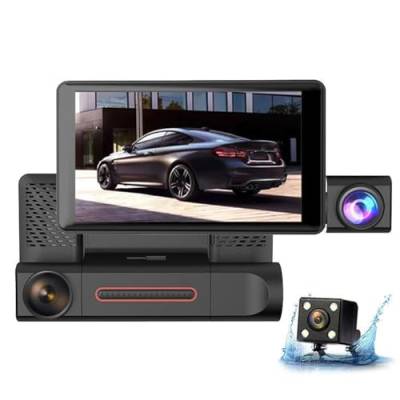 Shkalacar 1080P Dashcam Auto, DVR Dash Kamera mit 3 Linsen Kamera vorne innen hinten, 4 Zoll Bildschirm Dash Cam unterstützt Nachtsicht/Bewegungserkennung/Loop Aufnahme/Umkehrbild/mehrsprachig von Shkalacar