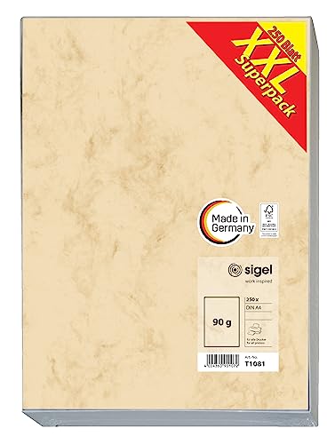 SIGEL T1081 Hochwertiges Marmor-Papier A4 beige (250 Blatt, 90 g) beidseitig marmoriert, Briefpapier, Speisekarte, XXL-Superpack wie DP372 von Sigel