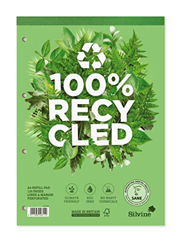 Silvine A4 Premium Recycling-Nachfüllblock, liniert mit Rand, Weiß, 120 Seiten, 100% Recyclingpapier, Ref R101 von Silvine