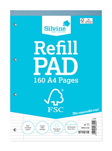 Silvine Nachfüllblock, 160 Seiten, A4, FSC. FSCRP80 Liniert 8 mm fein mit Rand von Silvine
