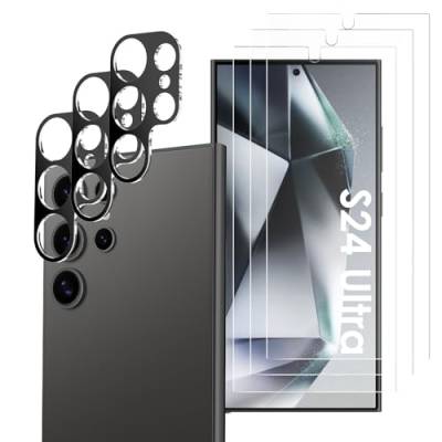 Simpeak 3 Stück Displayschutzfolie kompatibel mit Samsung Galaxy S24 Ultra, 3 Stück Linsenschutz, Gehärtetem Glas 9H Härte HD Displayschutz Folie, Blasenfrei Anti-Kratzer, Schwarz von Simpeak