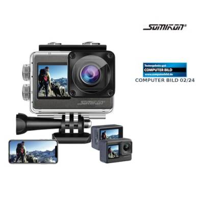 Somikon Action Kamera: 6K-Actioncam mit 2 Farbdisplays, WLAN, Bildstabilisierung, Sony-Sensor (Unterwasser Kamera, Action Cam 6K, Fahrrad) von Somikon