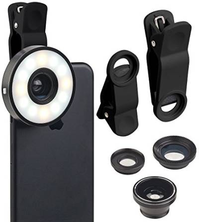 Somikon Handylinsen: 4in1-Vorsatz-Linsen-Set mit Weitwinkel, Makro, Fischauge und LED-Ring (Vorsatzlinse, Smartphone Linsen, Mobiltelefon) von Somikon