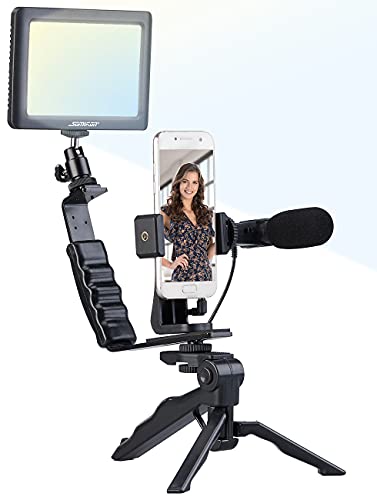 Somikon Foto Licht: 4-teiliges Vlogging-Set mit LED-Leuchte, Mikrofon, Stativ & Halterung (Handy Stativ mit Mikrofon, Vlog Set, Selfiestick) von Somikon