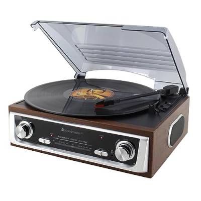 Soundmaster PL196H Retro Vintage Plattenspieler mit Radio und Kopfhörerbuchse 3 Geschwindigkeiten 33/45 / 78 RPM UPM von Soundmaster