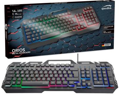 Speedlink ORIOS Metall USB Gaming Tastatur PC-Tastatur (RGB Beleuchtung, Gamer Keyboard, Smartphone-Halterung, Anti-Ghosting) von Speedlink