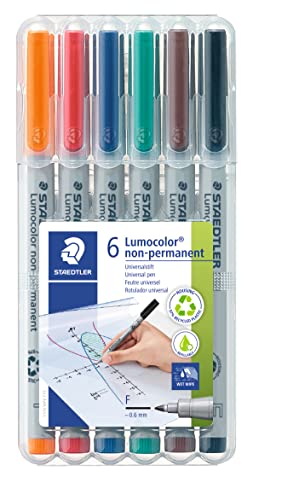 STAEDTLER Folienstift Lumocolor, non-permanent, wasserlöslich, F-Spitze mit Linienbreite ca. 0.6 mm, hohe Qualität, recyceltes Plastik, Set mit 6 Farben in STAEDTLER-Box, 316 WP6 von Staedtler