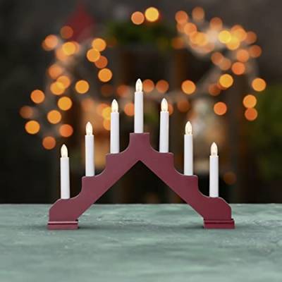 Fensterleuchter Ada von Star Trading, Kerzenständer mit 7 Glühbirnen E10 warmweiß, Weihnachtsdeko aus Holz in Dunkelrot, Kabelschalter, Länge: 37,5 cm von Star