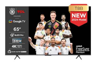 TCL 65T8B 65-Zoll QLED Pro 144Hz Onkyo Gaming Fernseher, 4K UHD, HDR Pro, Google TV (Dolby Vision IQ & Atmos, Motion Clarity, Freihändige Sprachsteureung, Kompatibel mit Google Assistant & Alexa) von TCL