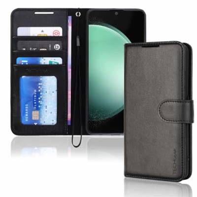TECHGEAR Galaxy S23 FE Leder-Brieftaschen-Hülle, Flip Schutzhülle mit Kartenhalter, Ständer und Handschlaufe – schwarzes PU-Leder mit Magnetverschluss entworfen für Samsung Galaxy S23 FE 5G von TECHGEAR