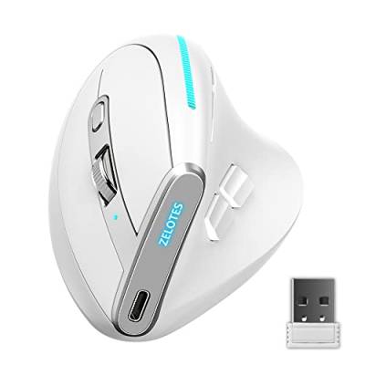 Kabellose Maus, ergonomisch, Bluetooth 5.0 + 2,4 G, USB, 3 Modi, wiederaufladbar, vertikale Maus, 8 programmierbare Tasten, 5 Stufen DPI, Maus für PC, MacBook und Laptops, Weiß von TKMARS