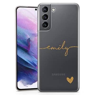 TULLUN Personalisierte Handyhülle für Samsung Galaxy S23 Plus - Klare Soft Gel Benutzerdefinierte Name & Herz Unten Design Stil Buchstabe Initialen Text - Golden Name & Herz von TULLUN