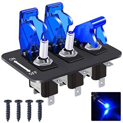 Taiss/3 Gang LED Kippschalter Panel 12V 20A schwere Rennausdreher SPST 3Pin EIN/AUS LED-Beleuchtungsschalter und blaue Schutzklappe ASW-07DBBUMZ-BZ von Taiss