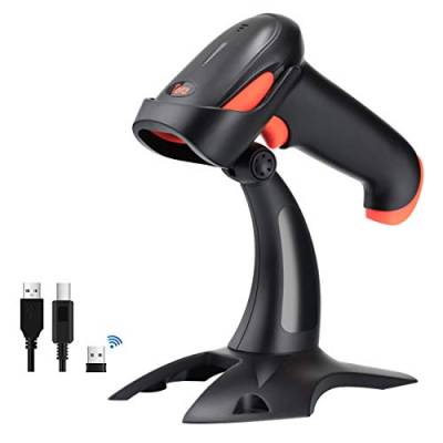 Tera Barcode Scanner 2D 1D 3 in 1 Barcodescanner Wireless 2.4 GHz/Bluetooth/USB Kabelgebunden Strichcode Scanner mit 2000mAh Akku /2M Kabel/Super Stabiler Ständer, HW0002 von Tera