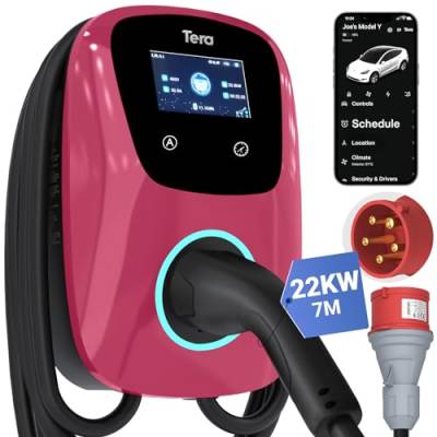 Tera EV Ladegerät Smart APP: 32A Typ 2 22kW oder 11kW Heim Ladestation 400V CE & TÜV Wallbox 7m Ladekabel mit Ladegerätehalter App-Steuerung CEE 3-Phasen Stecker für Alle EVs und PHEVs W01 Magentarot von Tera