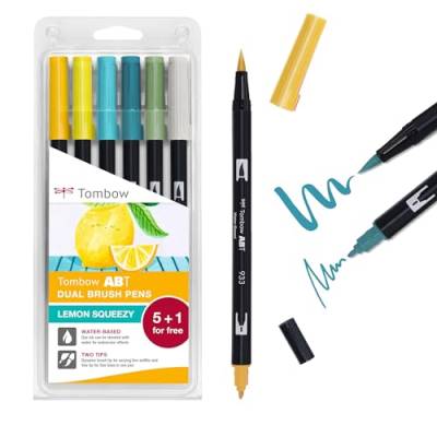 Tombow ABT Dual Brush Pen 5+1, Lemon Squeezy, Stift mit zwei Spitzen, perfekt fürs Hand-Lettering und Bullet Journal, wasservermalbar, 6er Set [ABT-6P-LEMON] von Tombow