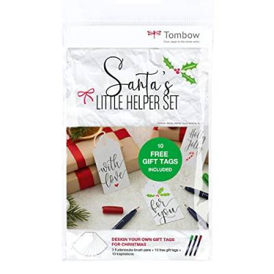 Tombow Santa's Little Helper Set – enthält 3 x Fudenosuke Pinselstifte, 10 x Geschenkanhänger und 1 x Anleitung (evtl. nicht in deutscher Sprache). von Tombow