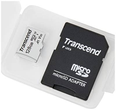 Transcend Highspeed 128GB micro SDXC/SDHC Speicherkarte (für Smartphones, etc. und Digitalkameras) / 4K, U3, V30, A1, UHS-I – TS128GUSD300S-AE (mit Adapter, umweltfreundliche Verpackung) von Transcend