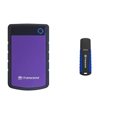 Transcend TS4TSJ25H3P 4TB Portable, Externe Festplatte (HDD) in Purple (lila) mit Backup-Funktion und Schutzhülle, robust Plug und Play & 128GB JetFlash 810 USB 3.1 Gen 1 USB Stick TS128GJF810, Lila von Transcend