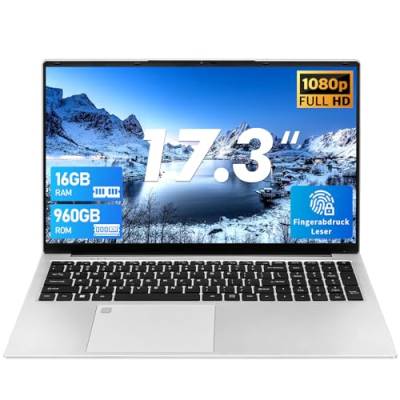 UDKED 17 Zoll Laptop Windows 11, 16GB RAM 512GB SSD ROM Laptop, LPDDR4,Versteckte Kamera，Celeron N5095(Up to 2.9 GHz), 5000 mAh,3 xUSB 3.0 (Silber, 16+960G SSD) von UDKED