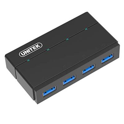 UNITEK Aktiv USB Hub 4 Port 3.0 Gen 1 + Stromversorgung, SuperSpeed Datenhub Multiport Verteiler für PC, Laptop, Tastatur, Mouse, Drucker, iOS (Mac) + Windows Kompatibilität, Plug&Play Schwarz von UNITEK