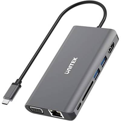 UNITEK Hub USB-C mit Power Delivery, HDMI v.1.4 4K@30Hz, Ethernet/Internet Anschluss, 2 x USB 3.0, USB C mit PD 100 W, 20 V / 5 A, SD-Kartenleser, 3,5 mm Audioanschluss │ Aluminium, Grau von UNITEK