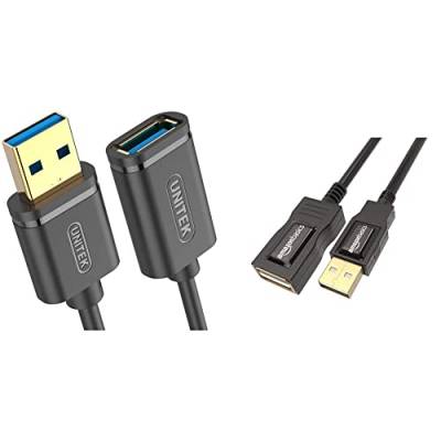 UNITEK Kabel USB 3.0 A Stecker auf USB A Buchse/Verlängerungskabel / 1,5 Meter, Schwarz/Verlängerung & Amazon Basics 7GV4 USB 2.0 A-Stecker auf A-Buchse Verlängerungskabel (1 m), Schwarz von UNITEK