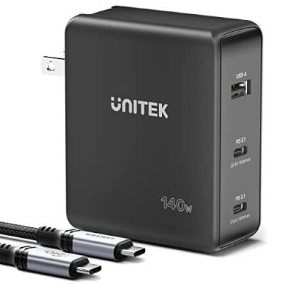 Unitek GaN 3 Port 140W Ladegerät | P1115A | 2 x USB-C 140 W | 1 x USB-A 18 W | MacBook Kompatibilität | Power Delivery 3.1 | Quick Charge 3.0-18 W | Farbe: schwarz von UNITEK