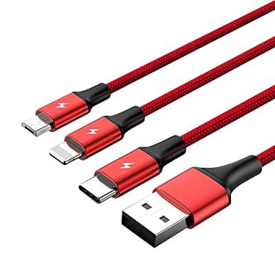 Unitek Premium Multi 3 in 1 USB Ladekabel Universal Mehrfach Ladegert Kabel Micro USB/Typ C/Lightning 3A 1.2M für Iphone/Android Smartphone - Rot/Schwarz von UNITEK