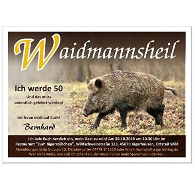 Einladungen zum 50. Geburtstag exklusiv für Jäger und Jagd Motiv Wildschwein Wild Waidmannsheil, 20 Karten - 21 x 14,8 cm DIN A5 von Unser-Festtag