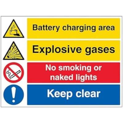 VSafety Sicherheitsschild mit Aufschrift "Battery Charging/Explosive/No Smoking/Keep Clear", 800 x 600 mm, 3 mm, Aluminium-Verbundwerkstoff von V Safety