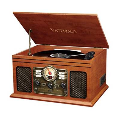 Victrola Nostalgic 6-in-1 Bluetooth-Plattenspieler und Multimedien-Center mit integriertem Lautsprecher| DREI Abspielgeschwindigkeiten, CD und Kassettenspieler, FM Radio | Mahagoni | VTA-200B-MAH-INT von VICTROLA