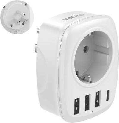 Reiseadapter USA,VINTAR Aadapter Deutschland Stecker 5 in 1 Steckdosenadapter Reisestecker Stromadapter mit 3 USB-A und 1 USB-C, USA Adapter Steckdose für Amerika Kanada Mexiko Thailand, TypB von VINTAR