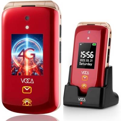 VOCA Großtasten-Klapphandy für Senioren, Dual-Screen, 4G LTE, Lauter Klang, SOS-Taste, Hörgerätekompatibilität, Ladestation, Vorhersagetext, V543 (Rot) von VOCA