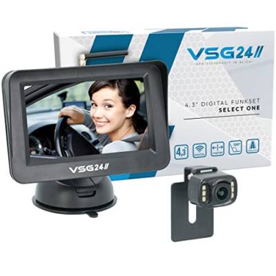 VSG24 4,3“ Funk Rückfahrsystem Select ONE für PKW, KFZ Set kabellos inkl. Rückfahrkamera + Monitor, einfach zum Nachrüsten 12V-24V, Nummernschild Kamera digital, Auto Rückspiegel Einparkhilfe von VSG