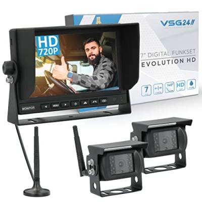 VSG24 7“ Evolution HD Funk Rückfahrsystem für Wohnmobil & LKW, KFZ Set kabellos inkl. 2X Rückfahrkamera + Monitor, einfach zum DIY Nachrüsten 12V-24V, Kamera digital, Auto Rückspiegel Einparkhilfe von VSG