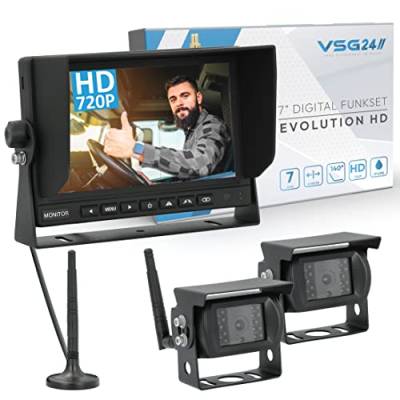 VSG24 9“ Evolution HD XL Funk Rückfahrsystem für Wohnmobil & LKW, KFZ Set kabellos inkl. 2X Rückfahrkamera + Monitor, einfach zum DIY Nachrüsten 12V-24V, Kamera digital, Auto Rückspiegel Einparkhilfe von VSG