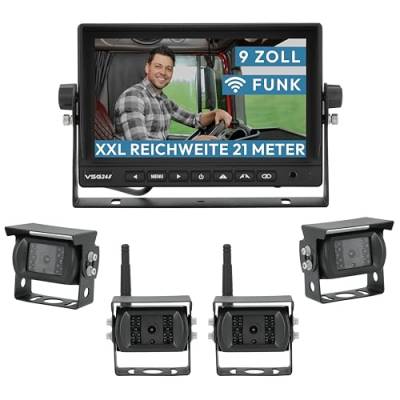 VSG24 9“ Evolution HD XL Funk Rückfahrsystem für Wohnmobil & LKW, KFZ Set kabellos inkl. 4X Rückfahrkamera + Monitor, einfach zum DIY Nachrüsten 12V-24V, Kamera digital, Auto Rückspiegel Einparkhilfe von VSG